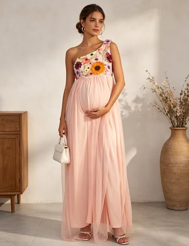 Maternity Maxi One Shoulder Floral Tulle Dress for Baby Shower - size: Small
