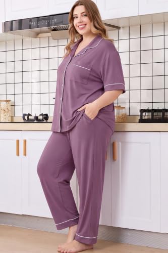 Women Plus Size Button Down Pajamas Long Pants Lounge Sets PJS - color: Hazy Purple, size: 3X-Large