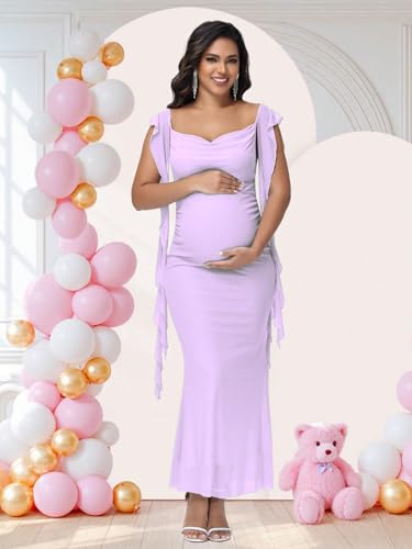 Women's Maternity Draped Neck Ruffle Bodycon Baby Shower Dress - color: Violet, size: X-Large