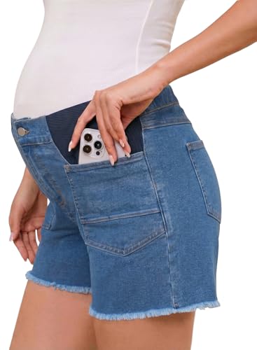 BLENCOT Women's Maternity Denim Shorts Mid-Rise Stretch Pregnancy Lounge Frayed Hem Plus Size Jeans Short with Pockets - color: Dirty Blue, size: Small