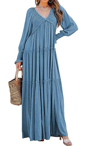 R.Vivimos Long Sleeve V Neck Flowy Maxi Dresses for Women - color: Blue, size: X-Large