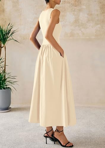 PRETTYGARDEN Pleated Maxi Dresses for Women with Pockets - color: Beige, size: Small