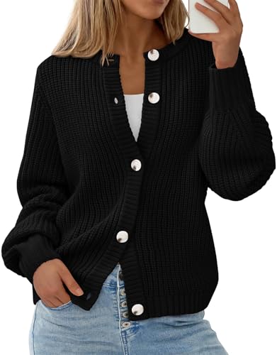PRETTYGARDEN Women's Chunky Knit Button Up Cardigan Sweaters Outerwear - color: Black, size: Medium
