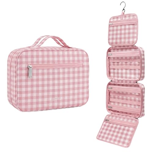 Klyyo Hanging Toiletry Bag for Women, Gingham, Pink - color: Pink