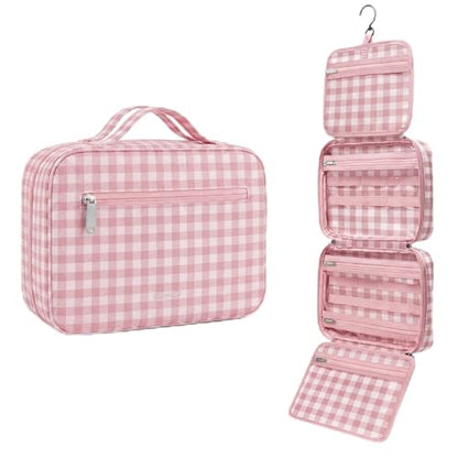 Klyyo Hanging Toiletry Bag for Women, Gingham, Pink - color: Pink