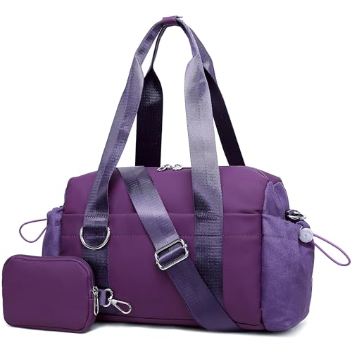 Everyday Mini Gym Bag for Women 2.0, Small Tote with Zipper Compartment Waterproof Travel Duffle Cute Handbag Workout Carry On with Removeable Shoulder Strap & Coin Wallet Easy to Clean - Grape - color: Grape