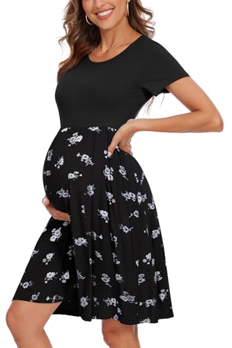 Women's Short Sleeve Maternity Dress Patchwork Pregnancy Clothes with Pockets - color: Black-floral Black White, size: Small