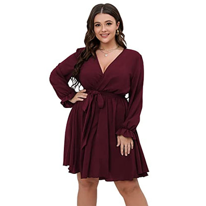 SCOMCHIC Women's Plus Size Long Sleeve Wrap V Neck A Line Mini Dress - color: Burgundy, size: 4X-Large Plus