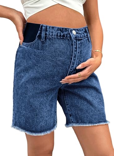BLENCOT Maternity Jeans Bermuda Shorts Elastic Waist Raw Hem - color: Ashleigh Blue, size: Small