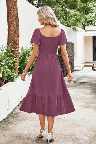 AUSELILY Women's Summer Smocked Short Sleeve Midi Dress 2026 - color: Mauve, size: X-Large