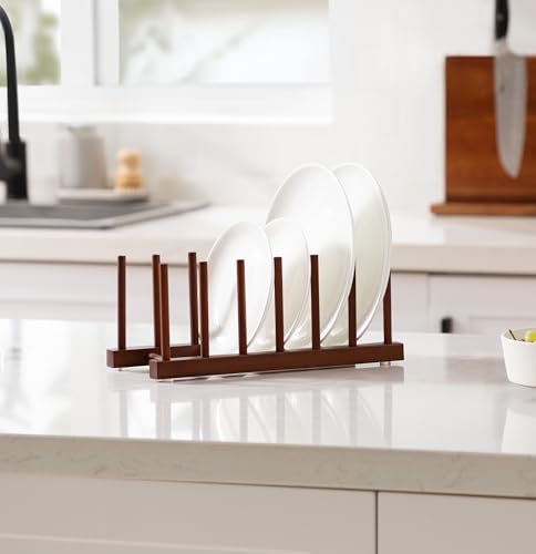 HBlife 4 Packs Teak Wooden Dish Drying Rack Kitchen Plate Organizer Holder - color: Teak 6 Slots 4pcs