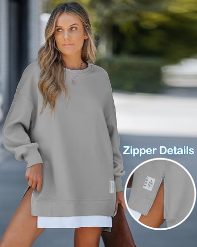 CHICME Women's Long Sleeve Crewneck Oversized Sweatshirt Fall Outfits - color: Gray, size: Large