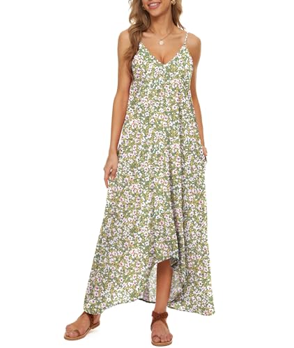 LILBETTER Women V-Neck Polka Dot Print Spaghetti Strap Boho Long Maxi Dresses - color: F Lily Green, size: Medium
