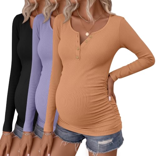 Huukeay 3 Pack Womens Maternity Long Sleeve Shirts - color: Orange, Lavender, Black, size: Medium