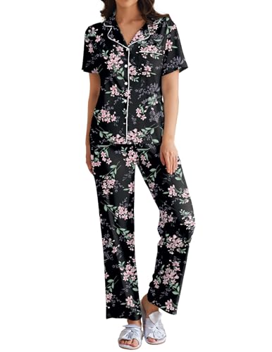 Ekouaer Womens Pajamas Set Short Sleeve Button Down Top & Pants Lounge Pjs - color: Big Black Flowers, size: Medium