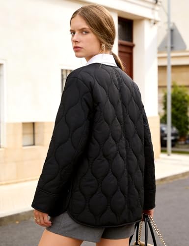 Flygo Womens Quilted Lightweight Jackets Oversized Puffer Coat with Pockets - color: Black, size: X-Large