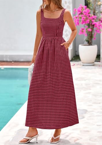 PRETTYGARDEN Women's Summer Gingham Maxi Long Dress - color: Red Black, size: Medium
