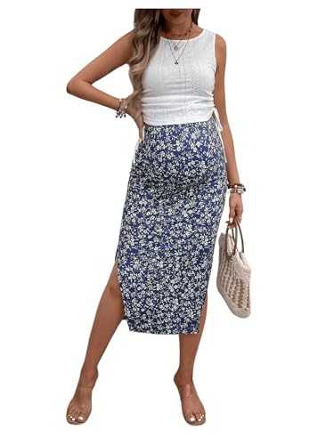 Milumia Women's Maternity Two Piece Set Tank Top and Floral Midi Skirt Sets - color: Navy Blue, size: Medium
