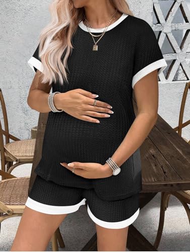 Ekouaer Maternity Pajamas 2 Piece Outfits Waffle Knit Pregnancy Sleepwear - color: Black, size: Medium