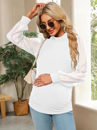 FMEYOA Women's Maternity Shirt Long Sleeve Top Mock Neck Blouse - color: White, size: XX-Large