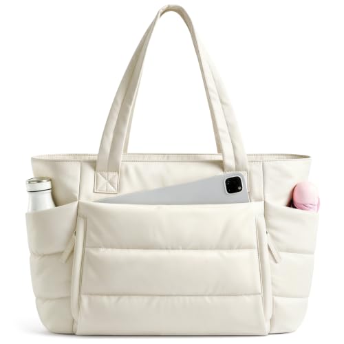 Uselike Tote Bag for Women with Zipper, Quilted Puffer Tote Bag with Compartments, Lightweight Puffy Work Bags for Women - color: Beige