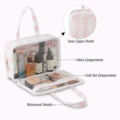 Toiletry Bag for Women, White and Pink Stripe - color: Pink-White