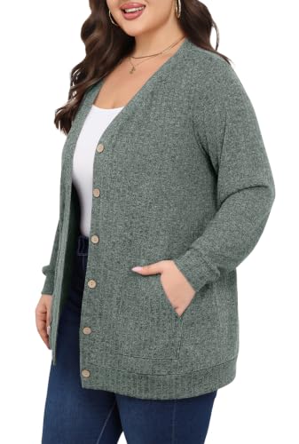 Lastshe Women Plus Size Cardigan Fall Thin Sweaters with Pockets 1X-5X - color: Blue Green, size: 4X