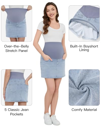 fitglam Women's Maternity Denim Skirts Over Belly Stretchy Pregnancy Skirts with Built-in Shorts - color: 02 Light Blue, size: Medium