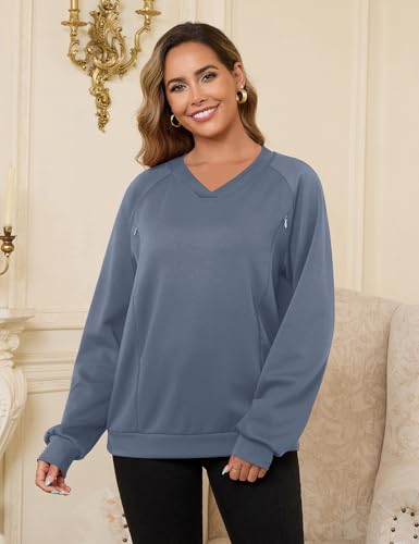 Bhome Nursing Sweatshirt Long Sleeve V Neck Breastfeeding Shirts Zipper Maternity Pumping Tops Pregnancy Sweater Pullover - color: Gray Blue, size: X-Large