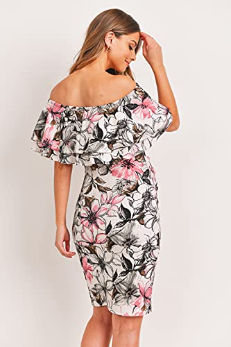 LaClef Women's Off Shoulder Maternity Dress with Double Ruffle - color: Cream / Pink Flower, size: Large