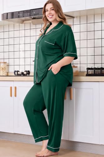 Women Plus Size Button Down Pajamas Long Pants Lounge Sets PJS - color: Dark Green, size: 4X-Large