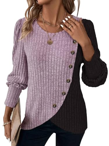 MixShe Womens Knit Sweaters 2026 Fall Winter Casual Long Sleeve Ribbed Colorblock Button Pullover Tops - color: Grey Pink, size: X-Large