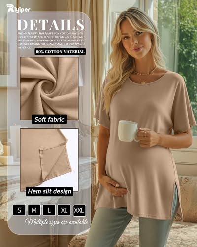 Riyiper 3 Pack Women's Maternity Tunic Cotton Shirts - color: Khaki, Army Green, Black, size: Medium