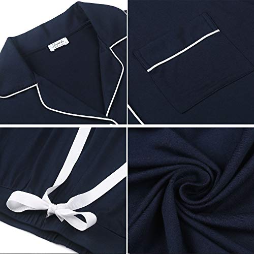 Joyaria Women's Cooling Bamboo Viscose Pajama Set Long Sleeve Button Front - color: Long-navy, size: Large