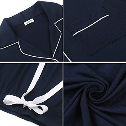 Joyaria Women's Cooling Bamboo Viscose Pajama Set Long Sleeve Button Front - color: Long-navy, size: Large