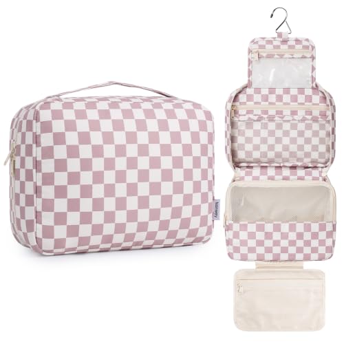 Narwey Hanging Travel Toiletry Bag for Women, Large Makeup Cosmetic Bag - color: A-Dusty Pink Checkerboard