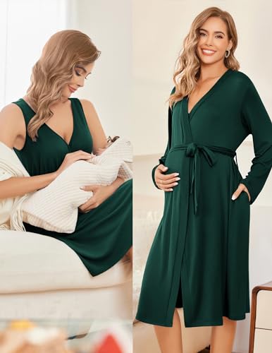 Ekouaer Maternity Nursing Gown and Robe Set Labor Delivery Nightgowns - color: Dark Green, size: Small