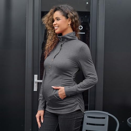 Bhome Maternity Shirt Casual Long Sleeve Half Button Front Lightweight Sweatshirts Slim Fit Pullover Tops with Pockets - color: Charcoal Gray, size: Large