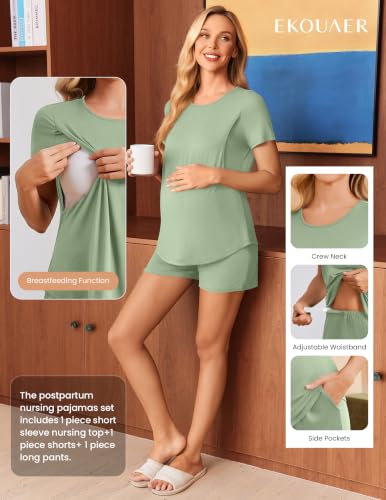 Ekouaer 3 Piece Maternity Nursing Pajamas Set Short Sleeve Breastfeeding Pjs - color: Light Green, size: Medium