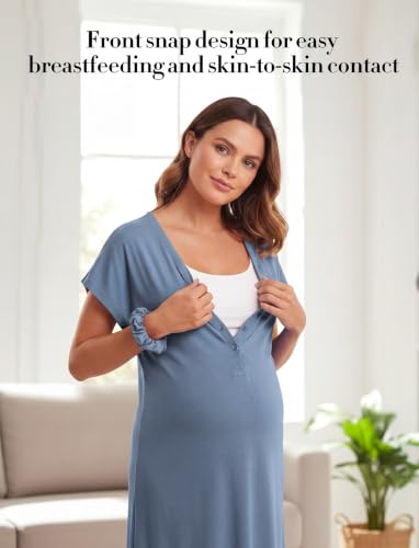 PATPAT Maternity Labor and Delivery Gown, Womens Hospital Gown with Pockets - color: Dusty Blue, size: Medium (Fit S/M)