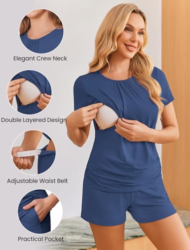 Ekouaer Maternity Nursing Pajamas Set 3 Piece Postpartum Breastfeeding Pjs - color: Navy Blue, size: XX-Large