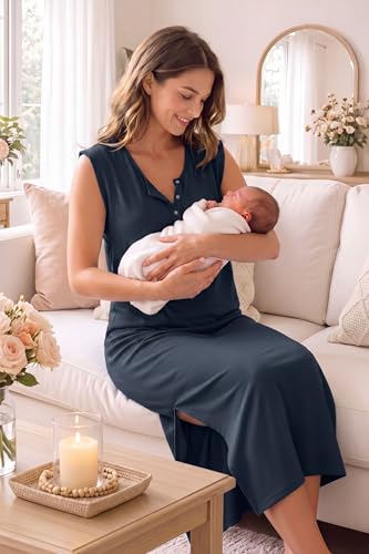 OUGES Women's Anti-Wrinkle Airy Layer Summer Maternity Dress V Neck Split Midi Nursing Dresses with Pockets 2026 - color: Navy, size: X-Large