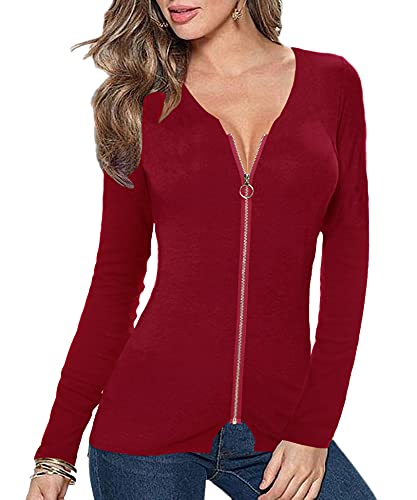 Afibi Women V Neck Zip Front Long Sleeve Casual Top Blouse Shirt/Cardigan - color: Burgundy, size: Large