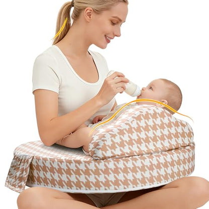 Nursing Pillow for Breastfeeding, with Safety Fence, Removable Cover - color: Houndstooth
