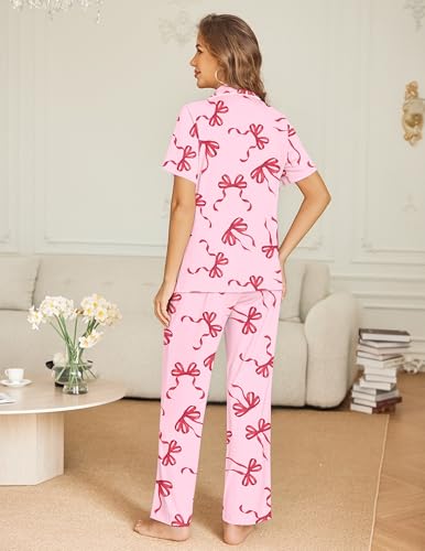 Ekouaer Womens Pajama Sets Button Down Lounge Sets 2 Piece Short Sleeve Pjs - color: Bow, size: X-Large