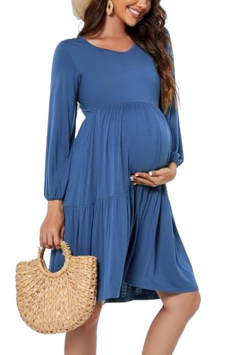 Smallshow Women's Maternity Dress Ruffle Long Sleeve Pregnancy Clothes - color: Grey Blue, size: XX-Large
