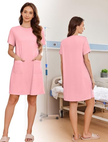 Deyeek Women Post Shoulder Surgery Tear Away Full Open Side Snap Nightgowns - color: Deep Pink, size: Medium