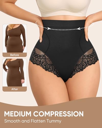 Women's Underwear High Waisted Tummy Control Lace Panties 4 Pack - color: Black-4 Pack, size: Medium