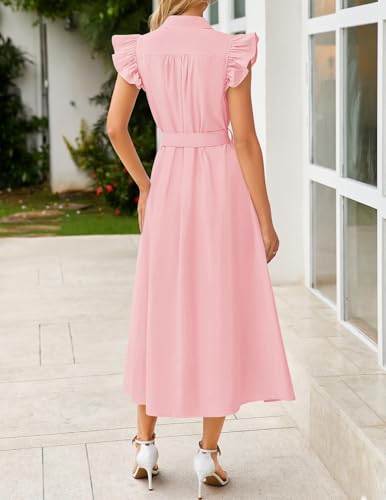 ZESICA Womens Summer Button Midi Dress Casual Work Dresses - color: Pink, size: Large