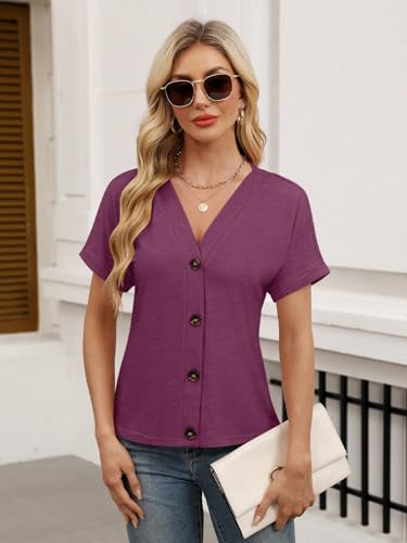 TICTICMISS Womens Summer Tops Short Sleeve Button Down V Neck T Shirts - color: Burgundy, size: Large